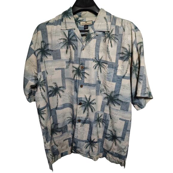 Tommy Bahama Silk Palm Tree Shirt Beige Blue Mens Size Large - Picture 1 of 3